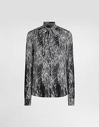 Fur-print charmeuse shirt with pussy-bow