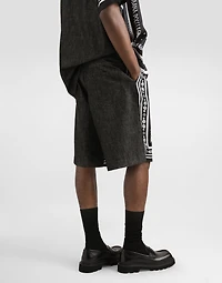 Printed silk and denim shorts