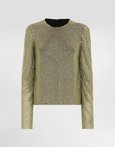 Long-sleeved top crystal mesh