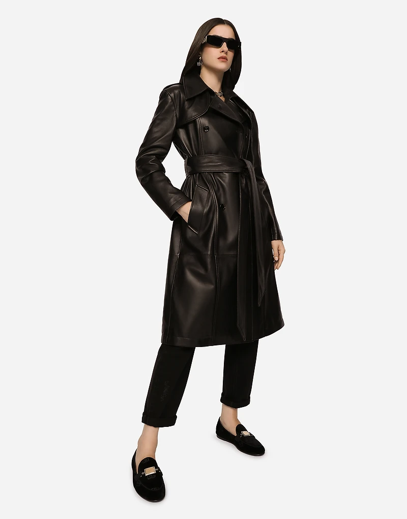 Belted double-breasted leather coat