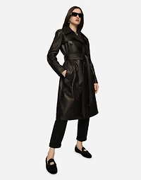 Belted double-breasted leather coat