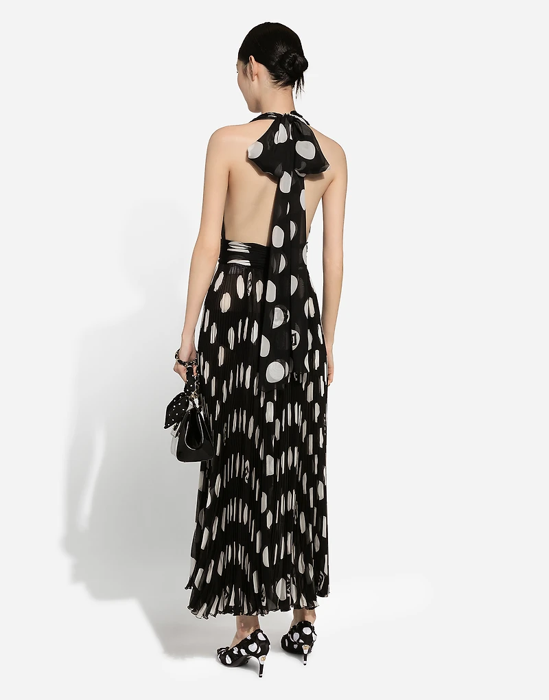 Pleated chiffon calf-length dress with polka-dot print