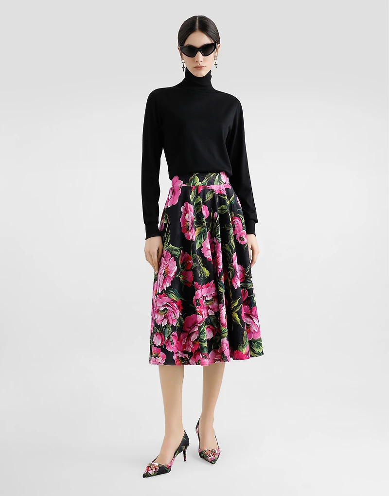 Cotton calf-length circle skirt with peony print