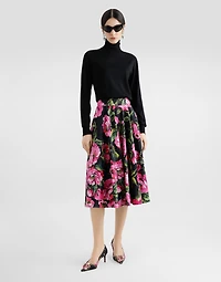 Cotton calf-length circle skirt with peony print