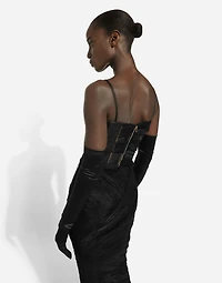 Tulle calf-length corset dress with draping