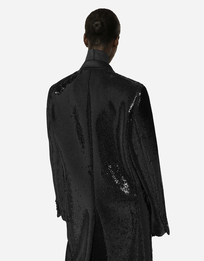 Micro-sequined double-breasted coat