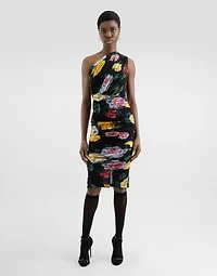 Tulle one-shoulder calf-length dress with peony and rose print