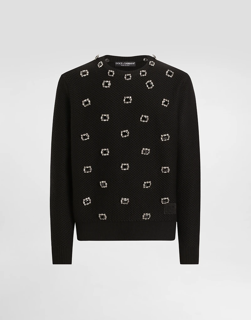 Wool round-neck sweater with embroidery and bejeweled buttons