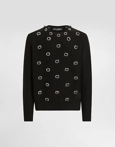 Wool round-neck sweater with embroidery and bejeweled buttons