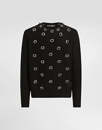 Wool round-neck sweater with embroidery and bejeweled buttons
