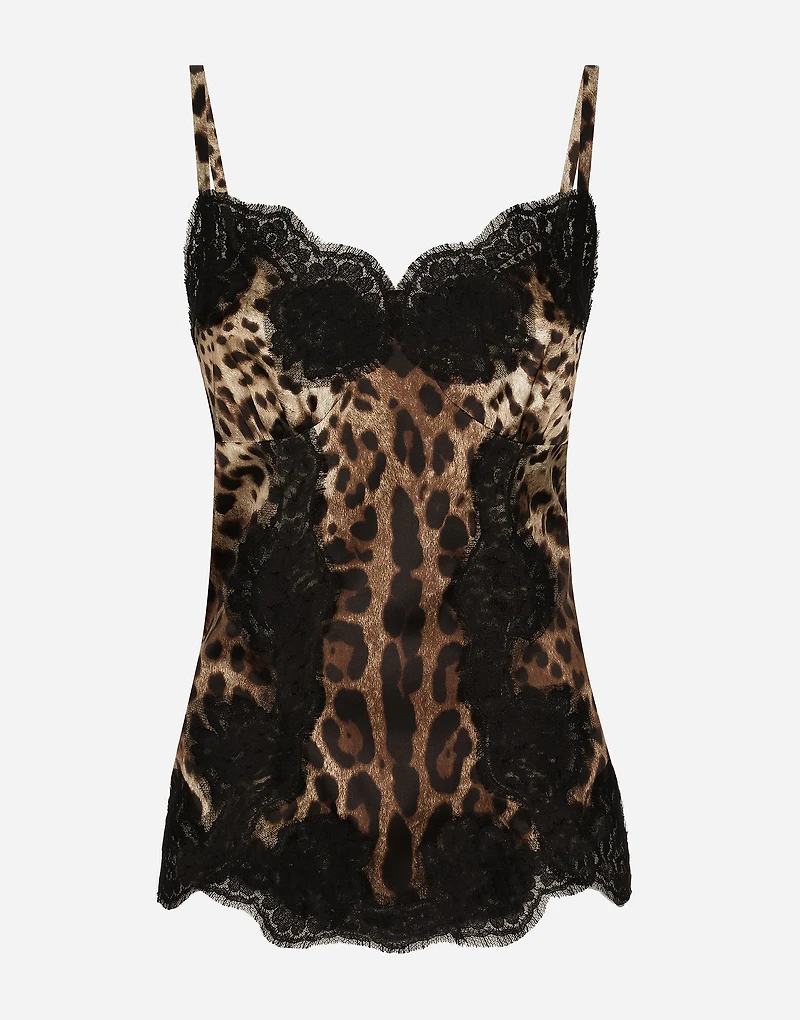 Leopard-print satin top with lace inlay