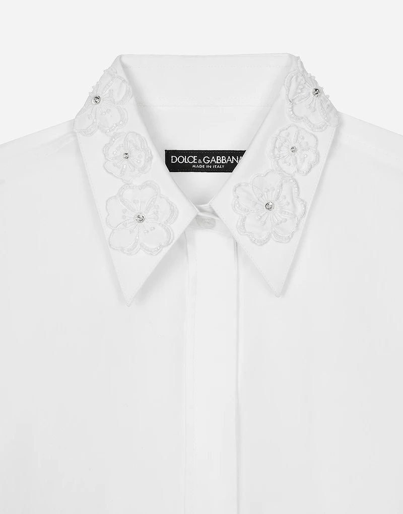 Long-sleeved cotton shirt with embroidered collar