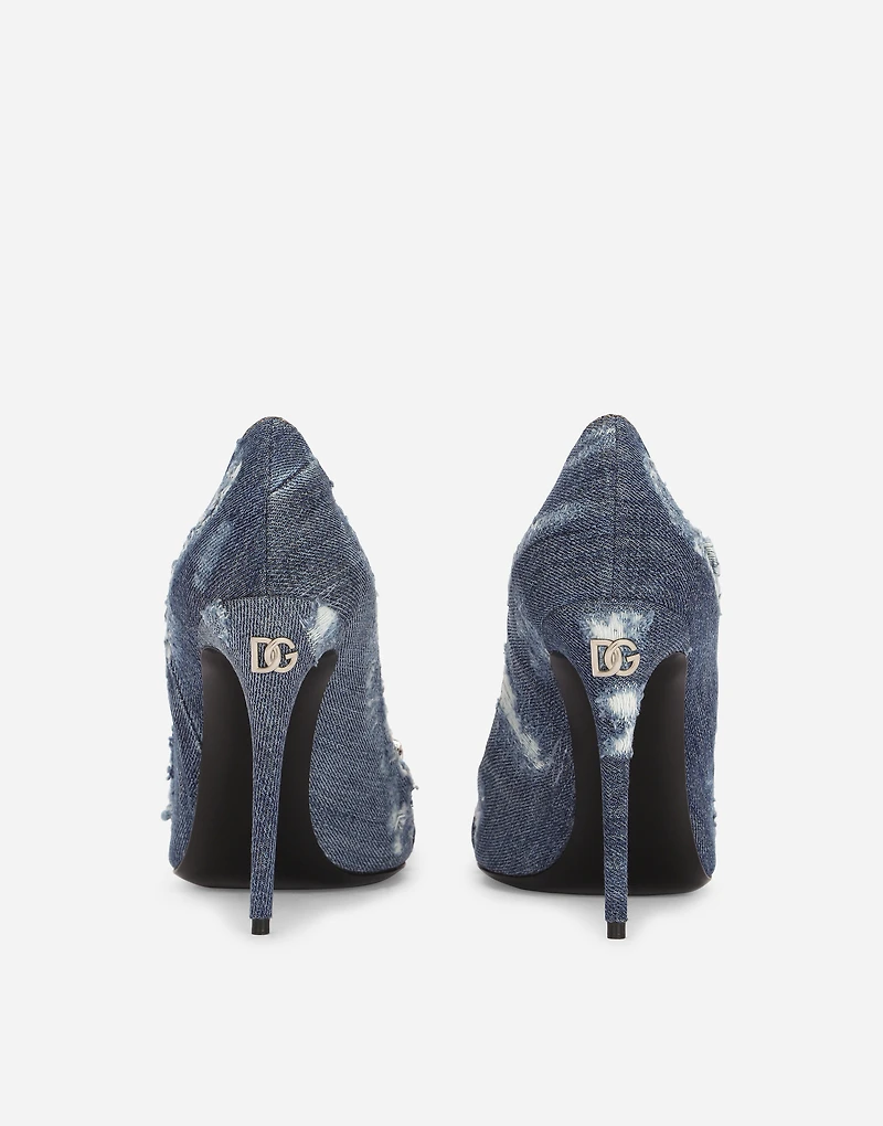 Patchwork denim pumps with rhinestone buckle