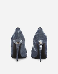 Patchwork denim pumps with rhinestone buckle