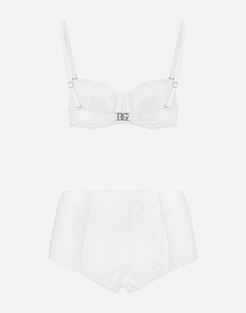 Broderie anglaise balconette bikini with high-waisted bottoms