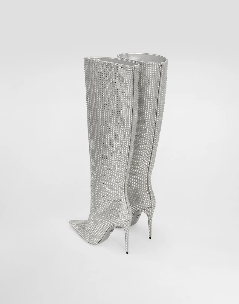 Satin boots with fusible rhinestones