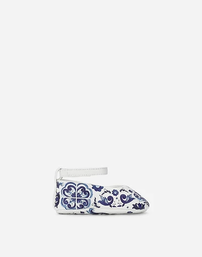 Nappa leather newborn ballet flats with majolica print
