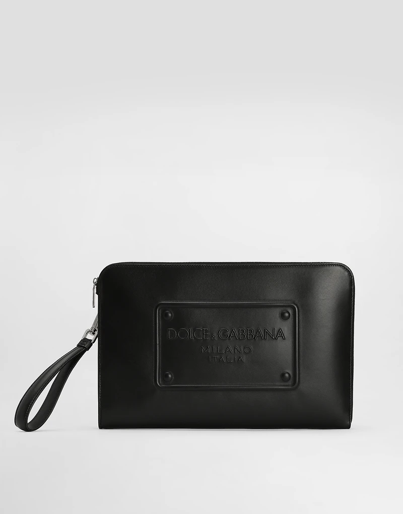calfskin pouch with raised logo