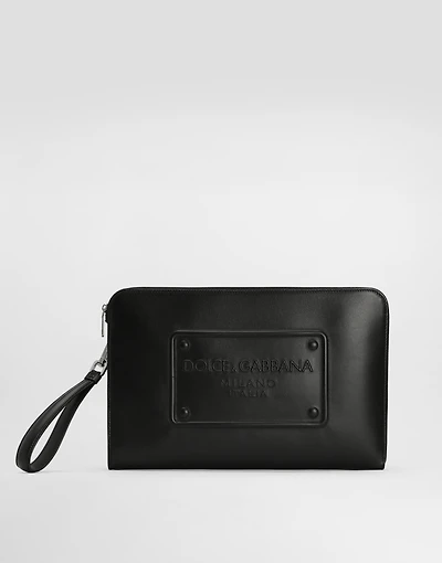 calfskin pouch with raised logo