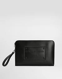 calfskin pouch with raised logo