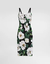 Stretch marquisette midi dress with gardenia print