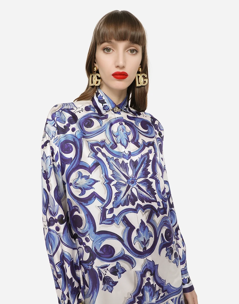 Silk twill shirt with majolica print
