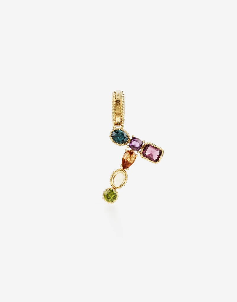 Charm T Lettering 18-carat yellow gold and multicolored gems