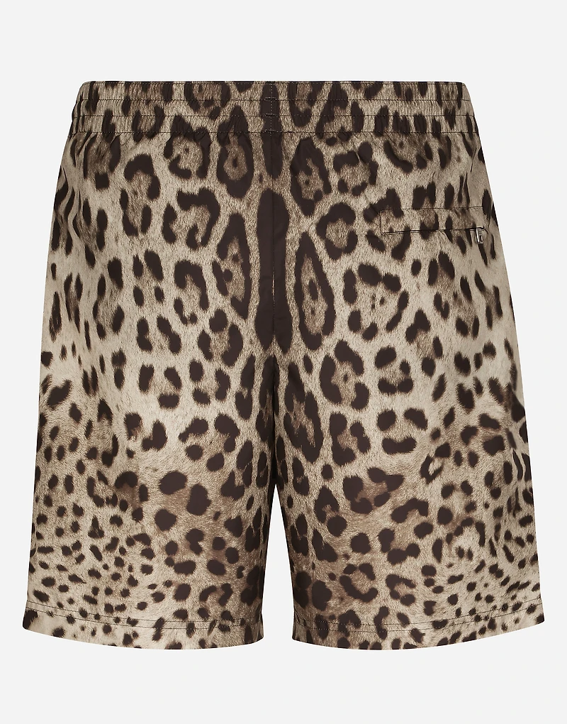 Mid-length swim trunks with leopard print