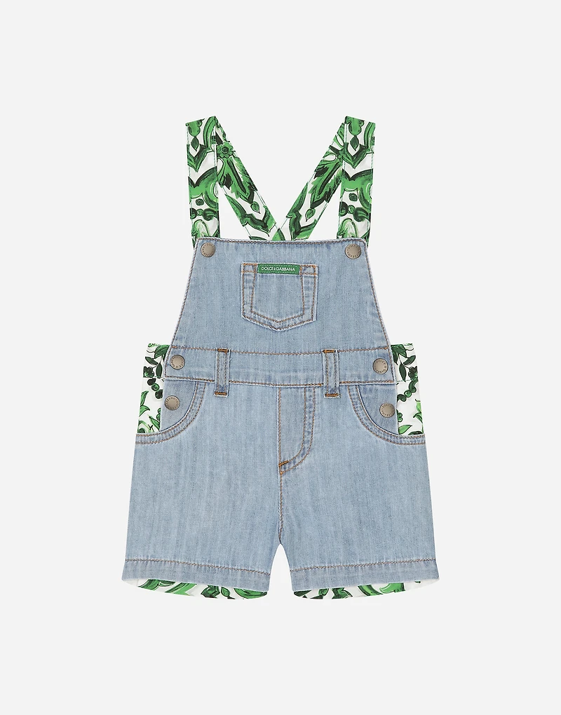 Poplin and denim dungarees with green majolica print
