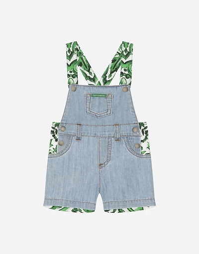 Poplin and denim dungarees with green majolica print