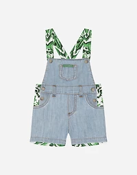 Poplin and denim dungarees with green majolica print