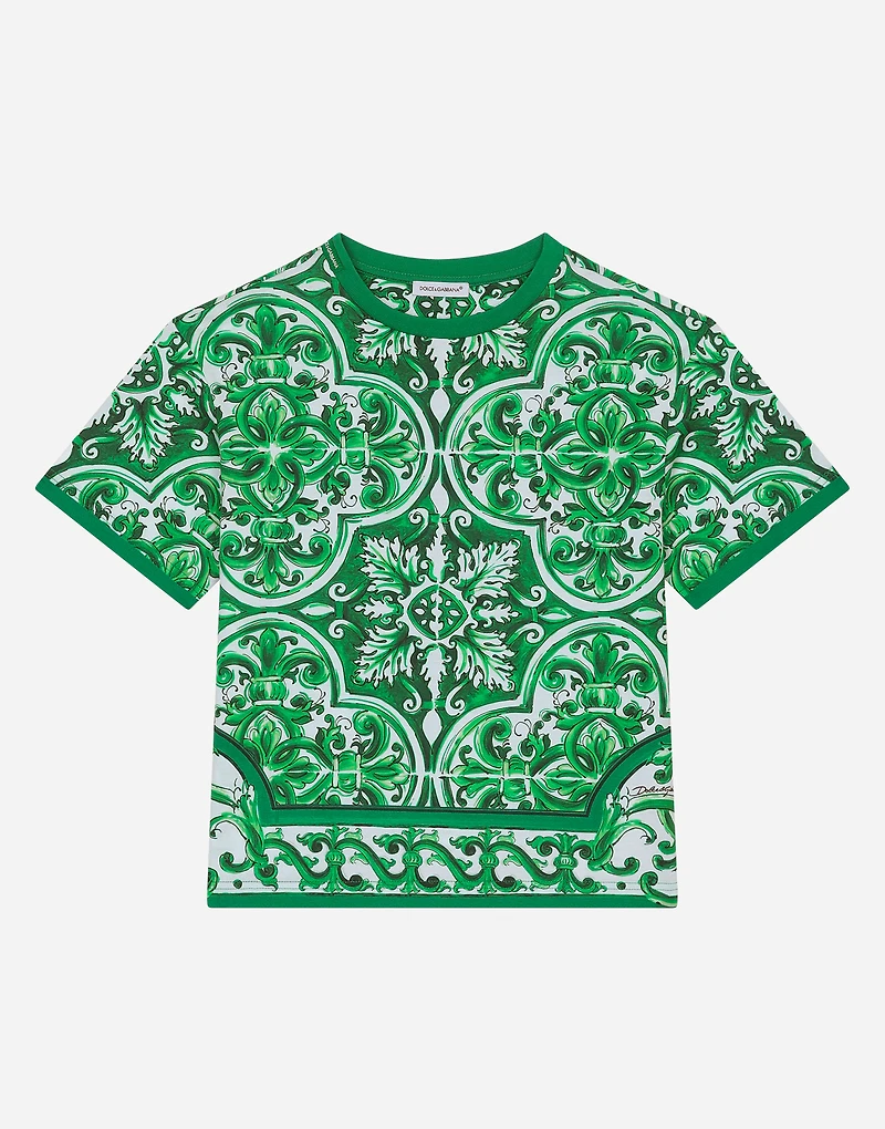 Jersey T-shirt with green majolica print