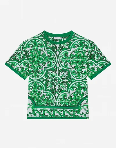 Jersey T-shirt with green majolica print
