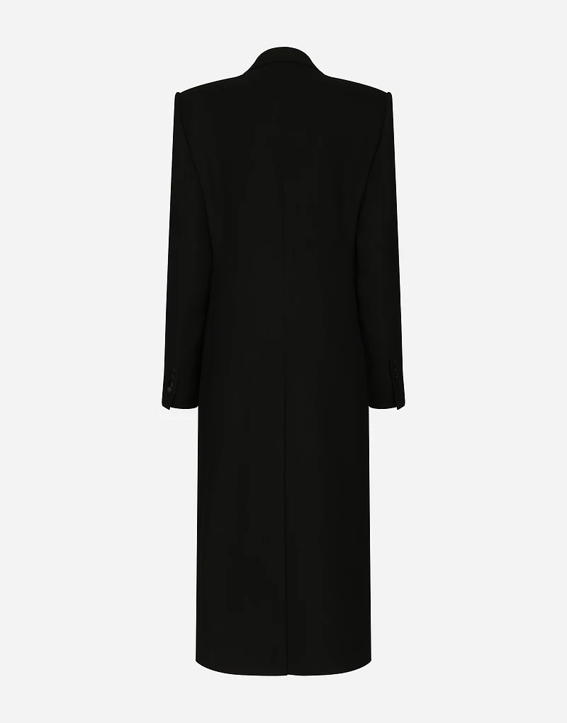 Long single-breasted wool tuxedo coat