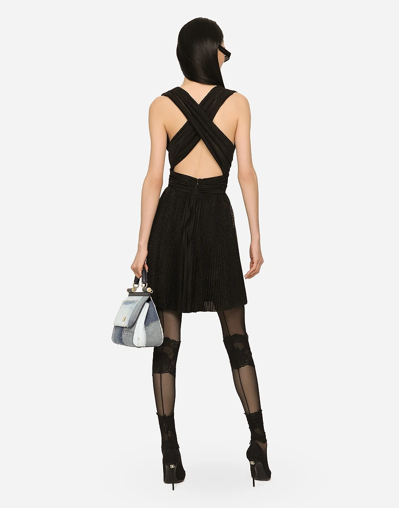 Short pleated lurex mesh dress