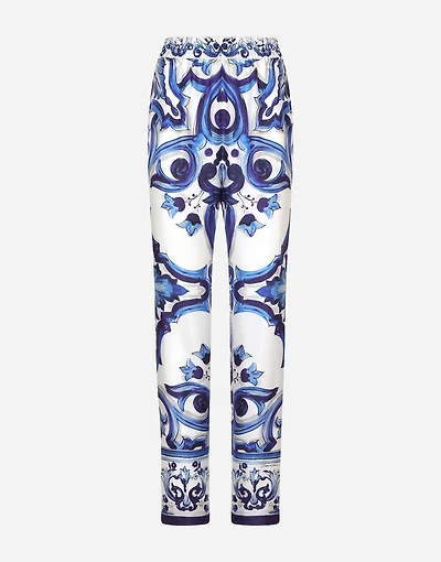 Silk twill pants with majolica print