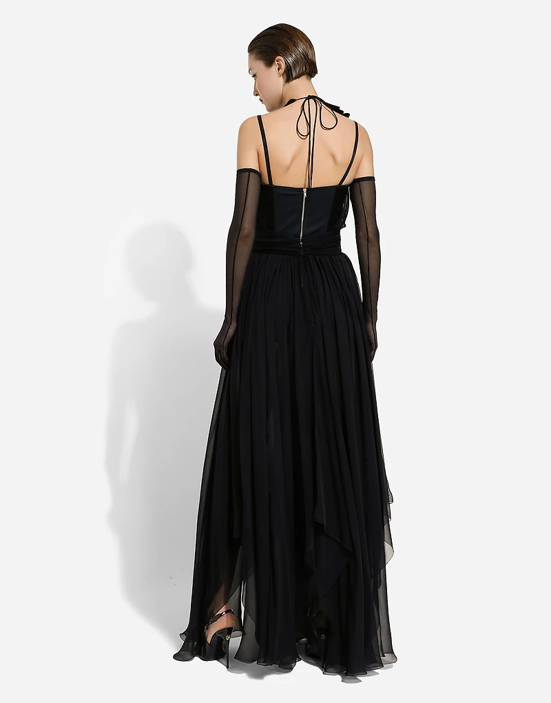 Long silk chiffon dress with floral appliqué