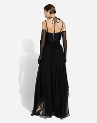 Long silk chiffon dress with floral appliqué