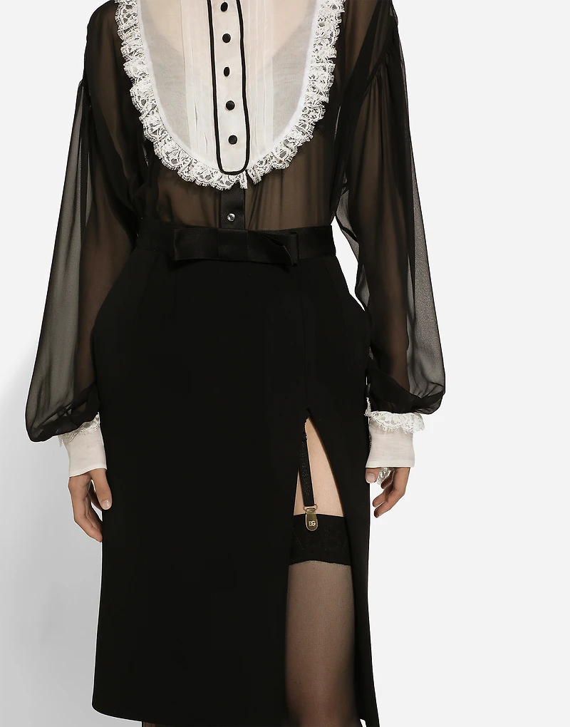 Wool midi pencil skirt with satin waistband
