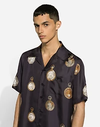 Silk twill Hawaiian shirt with watch print
