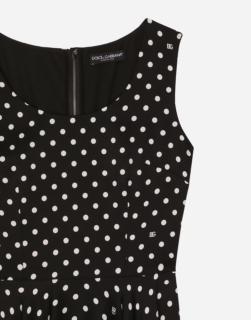 Silk charmeuse calf-length circle-skirt dress with polka-dot print