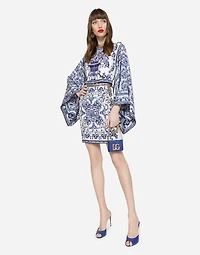 Short majolica-print charmeuse dress