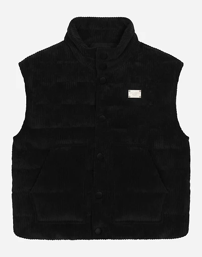 Short corduroy down jacket with branded tag