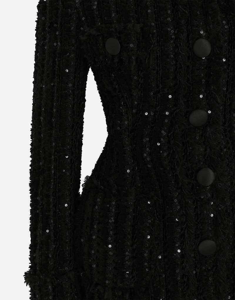 Tweed jacket with micro-sequin embellishment and satin collar