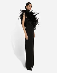 Long one-shoulder stretch cady dress with feathered neckline