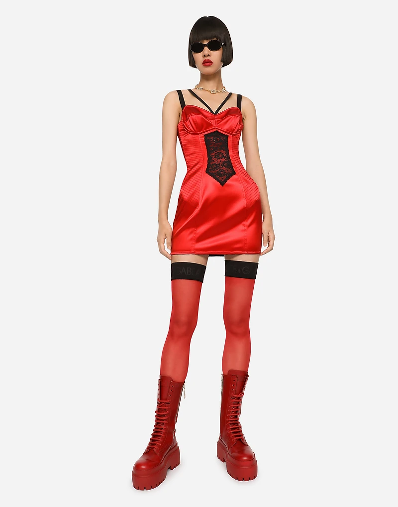 Short satin dress with lace details
