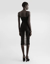 Tulle calf-length dress with draping
