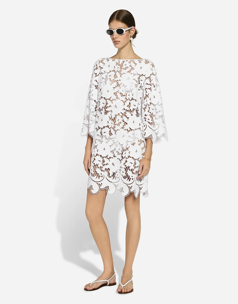 Floaty short cotton dress with floral openwork embroidery