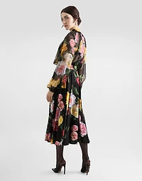 Peony and rose-print charmeuse calf-length circle skirt