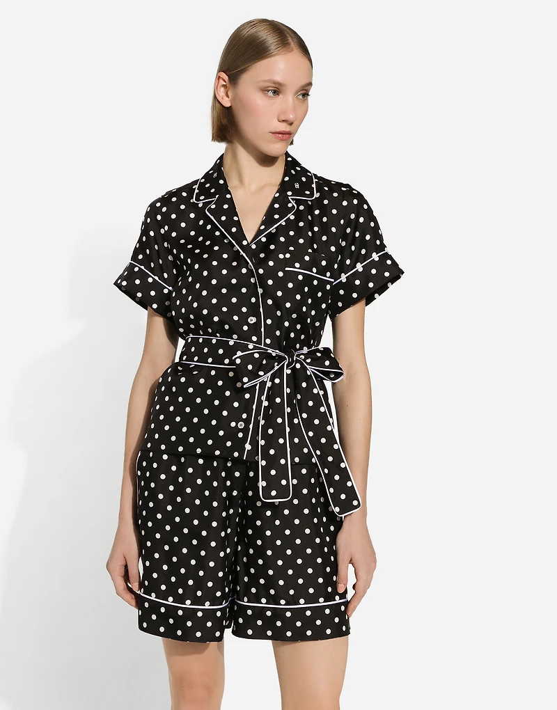 Short-sleeved silk pajama shirt with polka-dot print